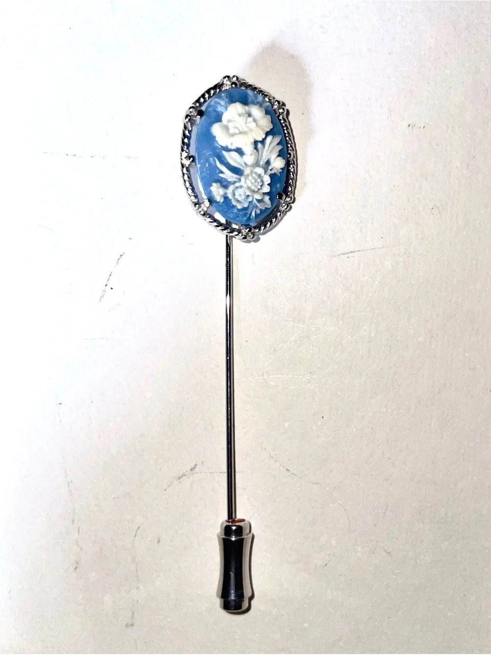 Rare Vintage Floral Wedgwood Jasperware Blue Flower Cameo Silver Stickpin Brooch